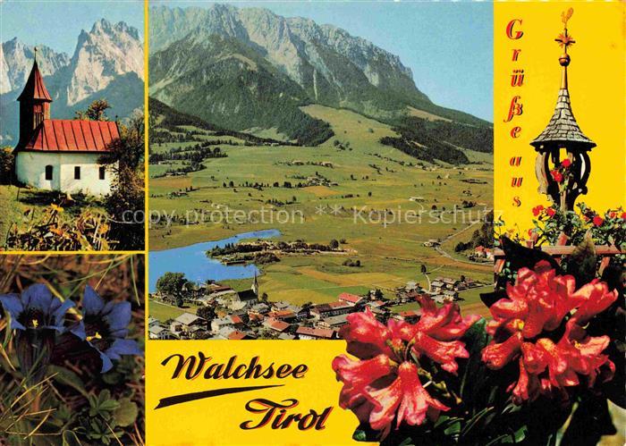 Walchsee Tirol AT Kapelle Alpenflora Blauer Enzian Alpenrose Luftaufnahme Zahmer