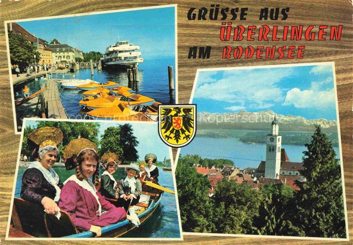 ueberlingen Bodensee BW Hafen Faehre Trachten Panorama Blick auf die Alpen