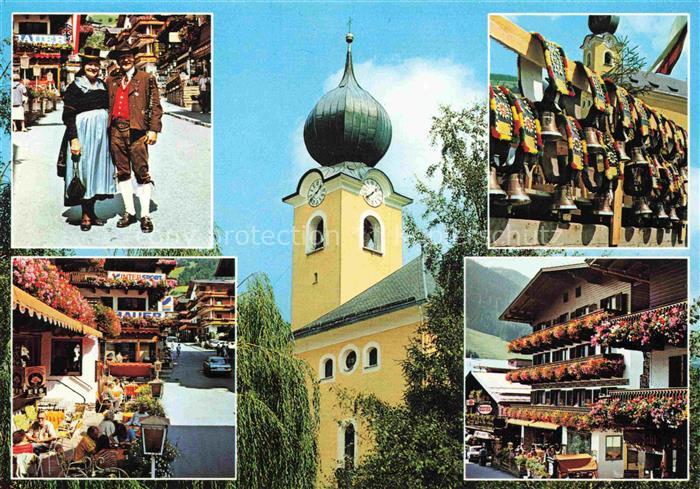 Saalbach -Hinterglemm AT Trachten Ortszentrum Strassencafés Kirche Blumenschmuck