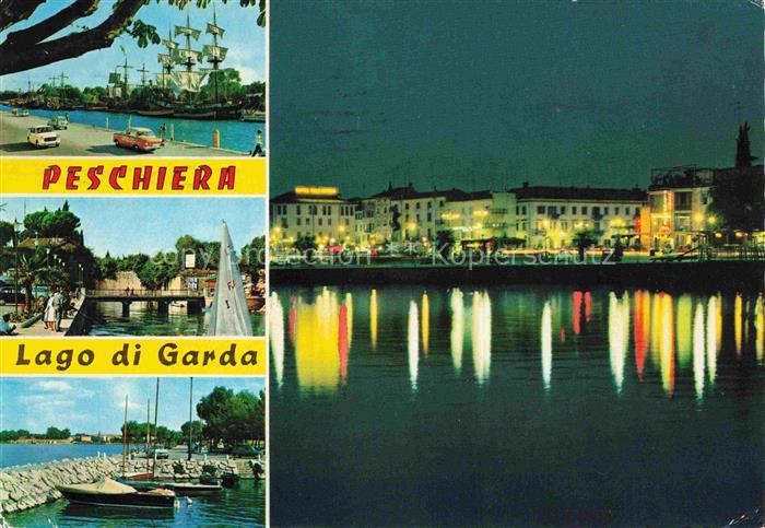 Peschiera del Garda IT Hafen Dreimaster Segelschiff Hafen Promenade Nachtaufnahm