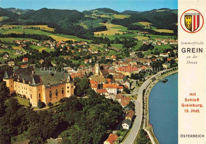 Grein Donau Oberoesterreich AT Panorama mit Schloss Greinburg 15. Jhdt