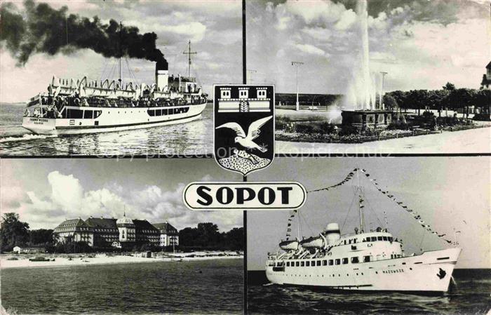 Sopot Zoppot PL Dampfer Fahrgastschiff Wasserspiele Strand Hotel