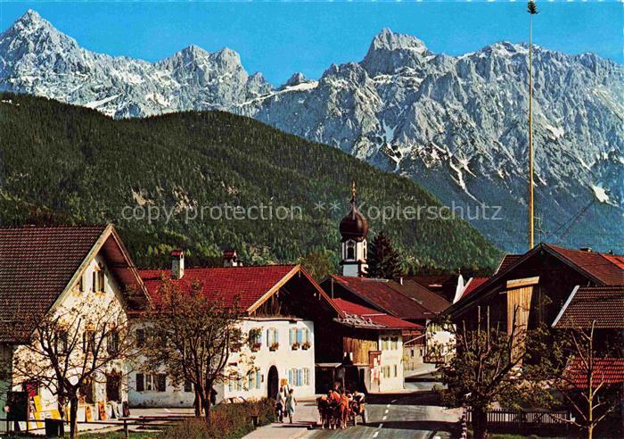 Kruen Garmisch-Partenkirchen Ortsansicht mit Kirche gegen Karwendelgebirge Huber