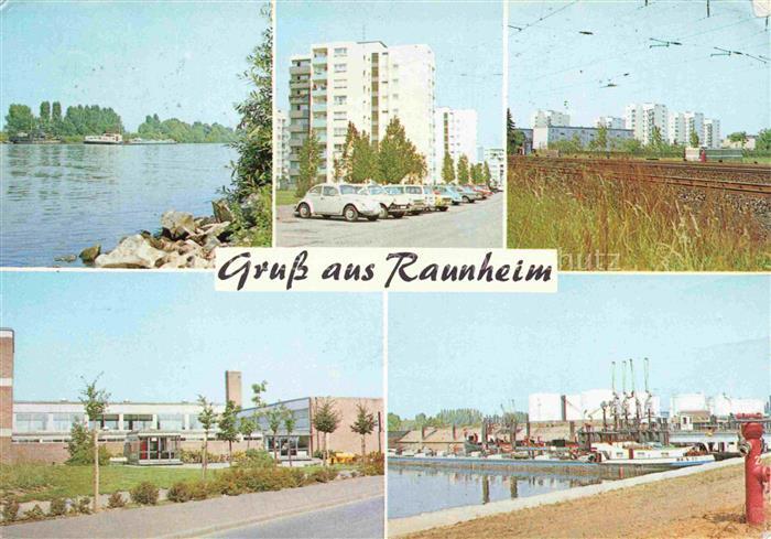 Raunheim Uferpartie am Main Hochhaeuser Eisenbahn Industrie