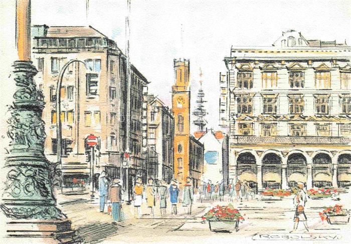 HAMBURG  CITY Poststrasse und Alsterarkaden Zeichnung H. A. Robolsky Kuenstlerka
