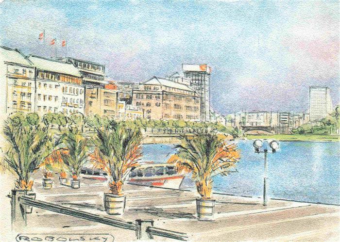 HAMBURG  CITY Blick auf den neuen Jungfernstieg Zeichnung H. A. Robolsky Kuenstl