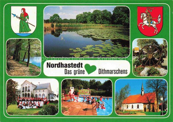 Nordhastedt Das gruene Herz Dithmarschens Seerosenteich Kirche Freibad Trachteng