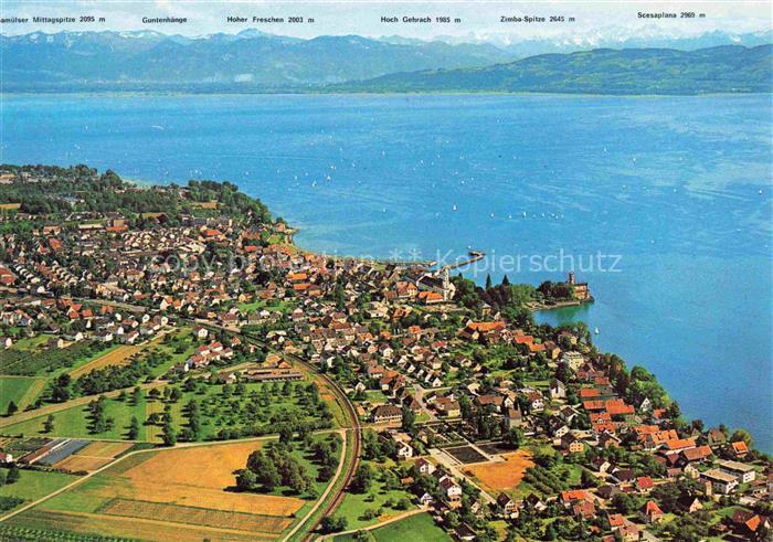 Langenargen Bodensee Panorama Blick zu den Schweizer Bergen