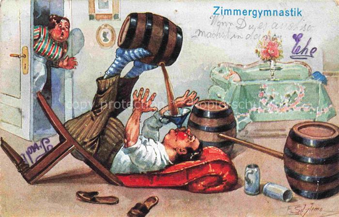 Schlemo E. Kuenstlerkarte Bier Gymnastik Fass