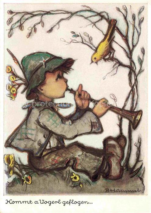 Hummel Kuenstler-AK-Nr. 4949 Floete Kind Voegel