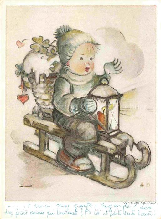 Hummel Kuenstler-AK-Nr. 8598 Kind Schlitten Laterne