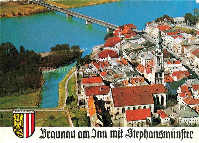 Braunau   Inn Oberoesterreich AT Teilansicht mit Enknachmuendung Innbruecke und
