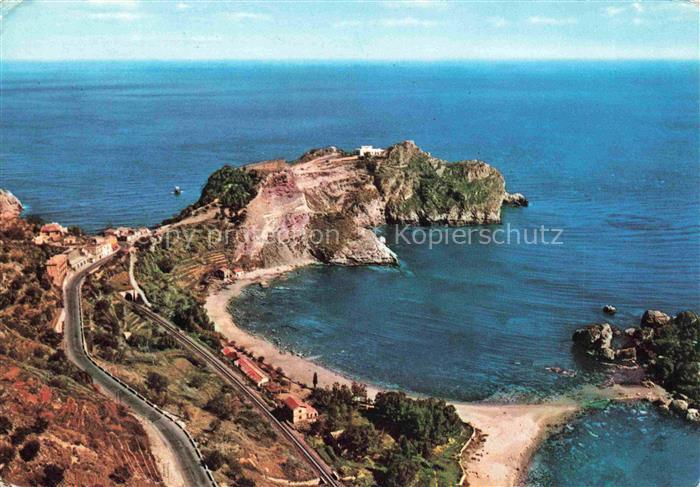 Taormina Sicilia IT Baia de Isola Bella con il Capo Sant Andrea veduta aerea