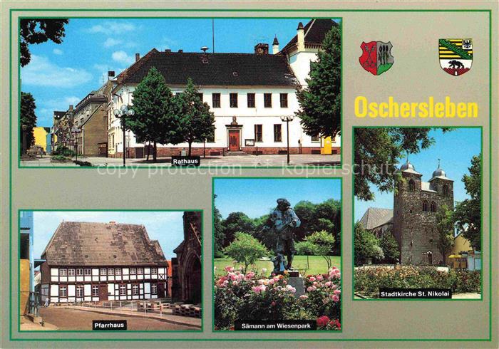 Oschersleben Bode Rathaus Pfarrhaus Saemann am Wiesenpark Statue Stadtkirche St.
