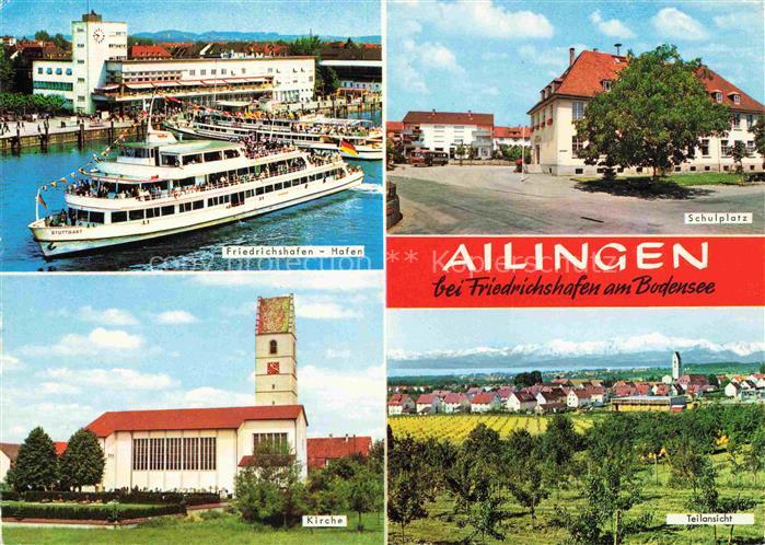 Ailingen Hafen Passagierschiff Schulplatz Kirche Panorama Alpenkette