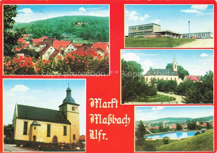 Massbach Panorama Blick zur Freilichtbuehne Kirche Freibad