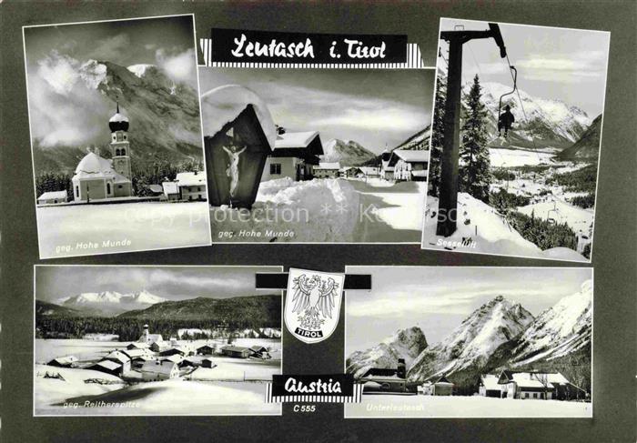 Leutasch Tirol AT Teilansichten Winterpanorama Hohe Munde Sessellift Reitherspit