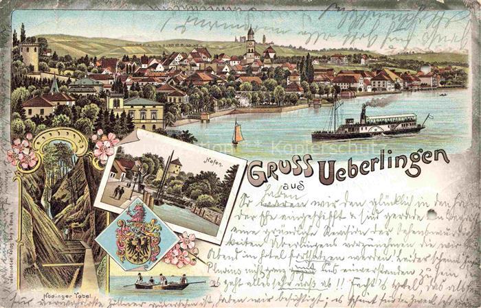 ueberlingen Bodensee BW Stadtpanorama Hafen Faehre Litho
