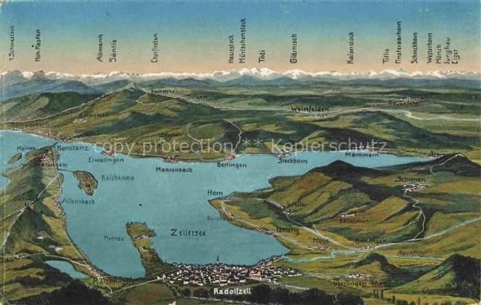 Radolfzell Bodensee und Umgebung Alpen Panoramakarte aus der Vogelperspektive