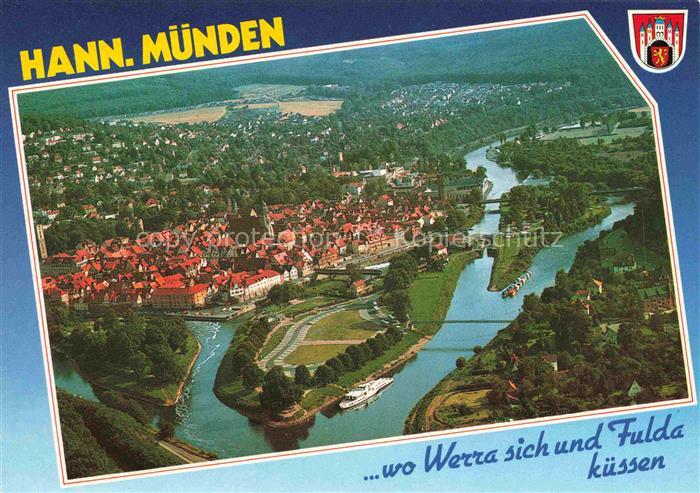 Hann. Muenden Panorama Dreifluessestadt Zusammenfluss von Werra und Fulda zur We