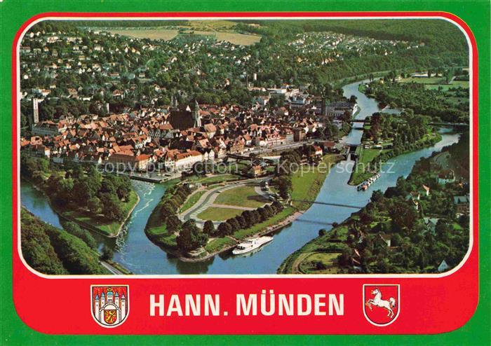 Hann. Muenden Panorama Dreifluessestadt Zusammenfluss von Werra und Fulda zur We