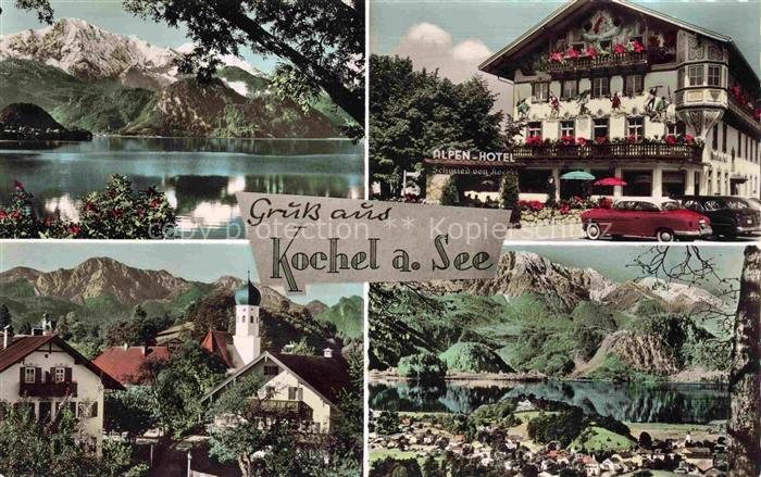 Kochel See Bayern Alpenhotel Ansicht mit Kirche Panorama Kochelsee Alpen