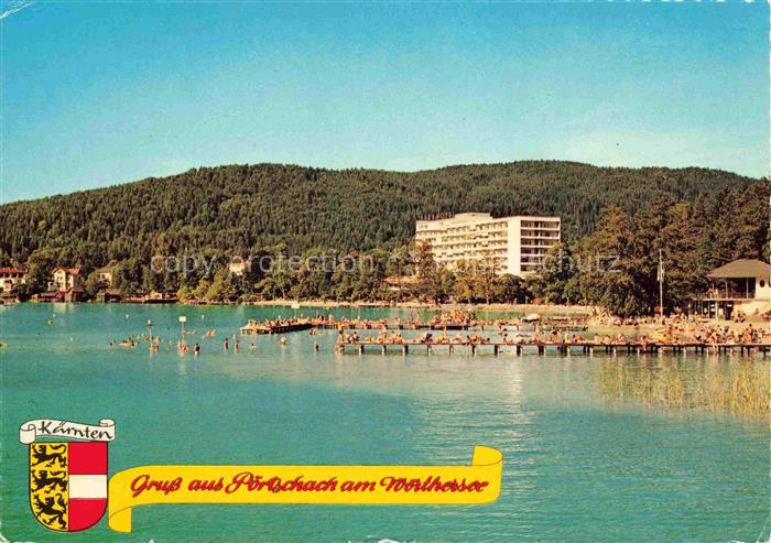 Poertschach Woerthersee Kaernten AT Panorama Strand Badesteg Ansicht vom See aus