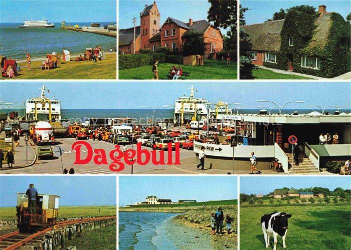 Dagebuell Teilansichten Faehrhafen Draisine Reetdachhaus Viehweide