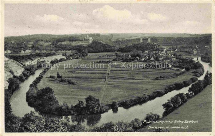 Rudelsburg Panorama Blick vom Himmelreich gegen Burg Saaleck