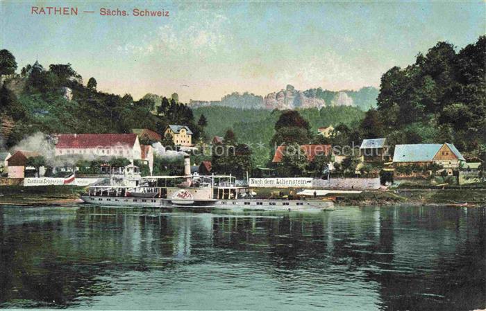 Rathen Saechsische Schweiz Blick ueber die Elbe Dampfer Anleger Elbsandsteingebi
