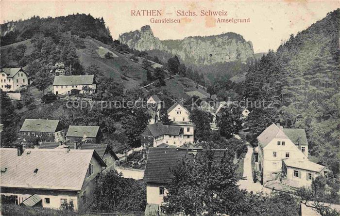 Rathen Saechsische Schweiz Teilansicht mit Gansfelsen und Amselgrund Elbsandstei