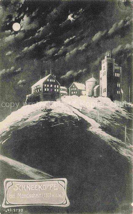 Schneekoppe Snezka CZ Bergbaude mit Wetterwarte im Mondschein