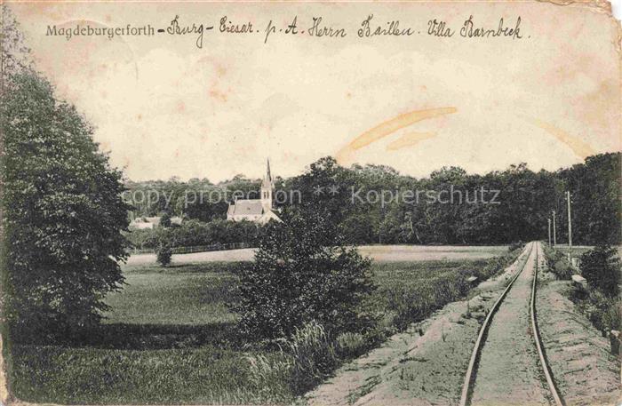 Magdeburgerforth Jerichower Land Eisenbahnlinie Blick zur Kirche