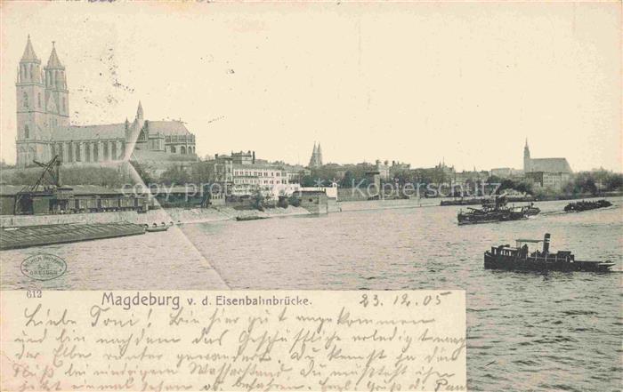 MAGDEBURG CITY Blick von der Eisenbahnbruecke Elbe Kirche
