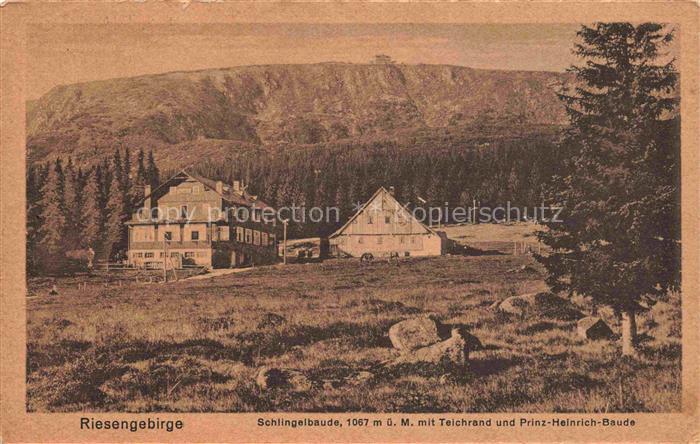 Krummhuebel Karpacz Riesengebirge PL Schlingelbaude mit Teichrand und Prinz-Hein