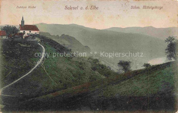 Salesel Salesl Dolni Zalezly CZ Panorama Dubitzer Kirche Boehmisches Mittelgebir