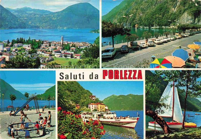 Porlezza Lago di Lugano IT Panorama Luganersee Fahrgastschiff Kinderspielplatz