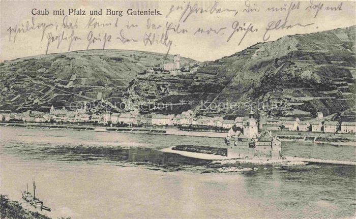 Caub Kaub Rhein Panorama mit Pfalz und Burg Gutenfels Feldpost
