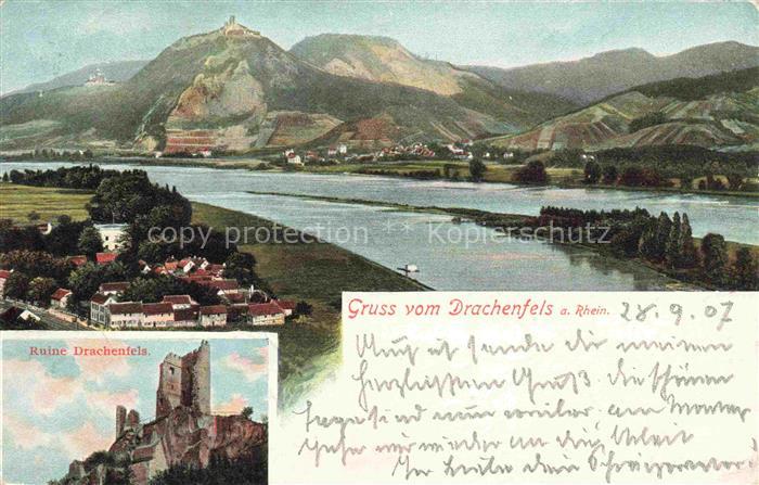 Drachenfels Ruine Koenigswinter Panorama Blick ueber den Rhein Ruine Drachenfels