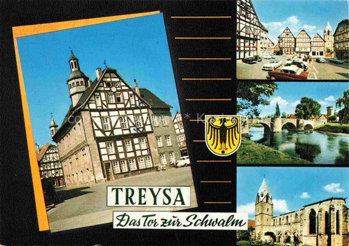 Treysa Motive Stadtzentrum Fachwerkhaeuser Kirche Partie am Fluss