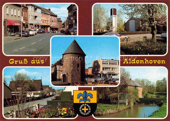 Aldenhoven Neuss NRW Motive Stadtzentrum Kirche Turm Wohnhaeuser Partie am Wasse