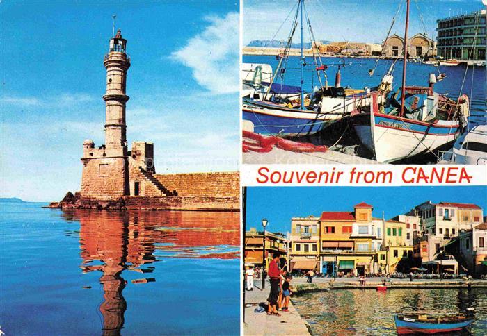 Canea Chania Crete GR Hafeneinfahrt Leuchtturm Fischkutter