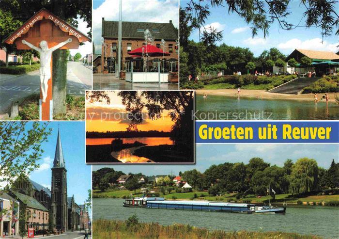 Reuver Beesel Limburg NL Teilansichten Wegekreuz Kirche Sonnenuntergang am Wasse