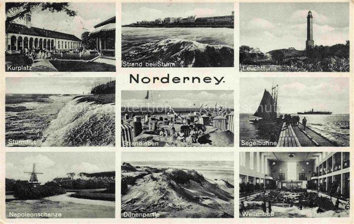 NORDERNEY Nordseebad Kurplatz Strand bei Sturm Leuchtturm Sturmflut Strandleben