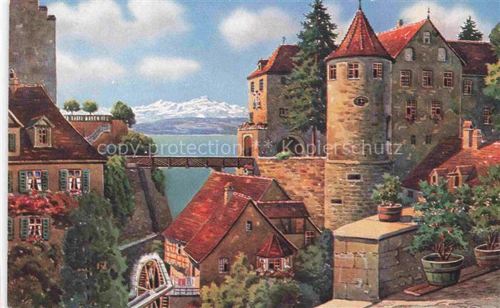 MEERSBURG Bodensee BW Schloss und alte Muehle Blick zu den Alpen Kuenstlerkarte