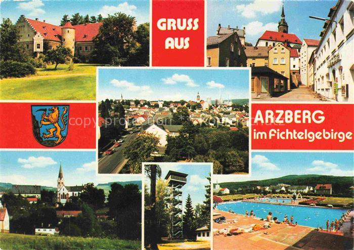 Arzberg Oberfranken Teilansichten Ortszentrum Kirche Aussichtsturm Freibad