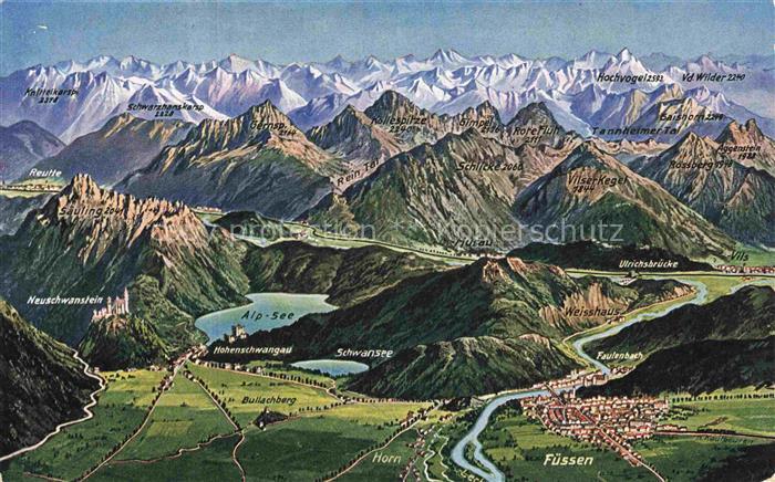 Fuessen am Lech Allgaeu Bayern Panoramakarte mit Schloss Neuschwanstein