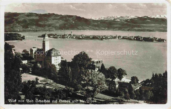 Bad Schachen Lindau Panorama Blick ueber den Bodensee zu den Alpen