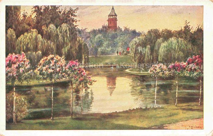 WIEN AT Tuerkenschanzpark Aussichtswarte Aquarell H. Nachbargauer Kuenstlerkarte