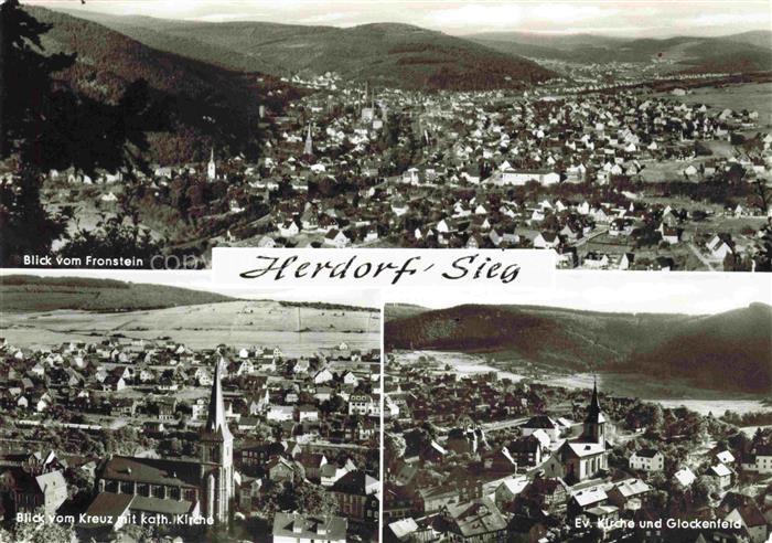 Herdorf Sieg Blick vom Fronstein Blick vom Kreuz mit kath Kirche Ev Kirche und G